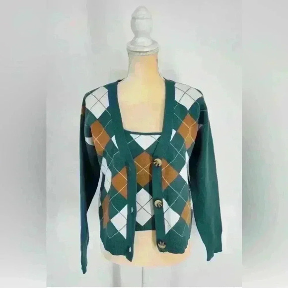 Willow & Wind Women's Sz L Cardigan Sweater Twin Set Argyle Cropped Tank 2 Piece - Picture 1 of 9
